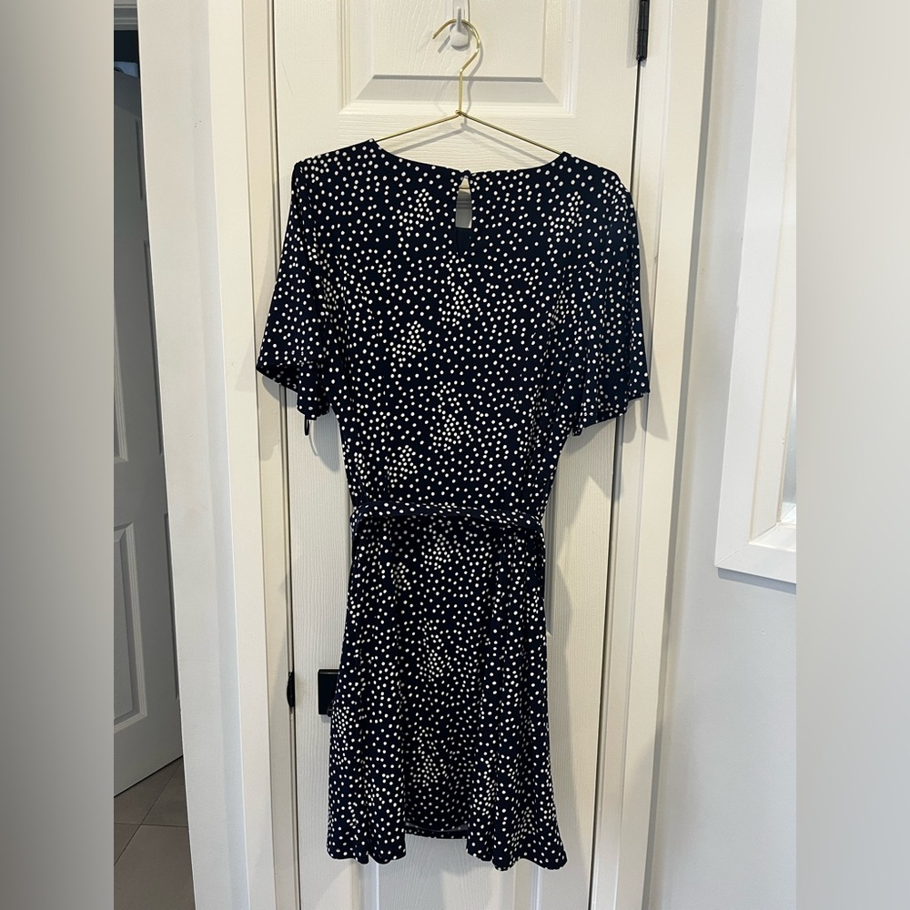 Laura Petites Navy Blue White Polka Dot Fit Flare Dress Short Sleeve Belted 8 - Picture 10 of 16